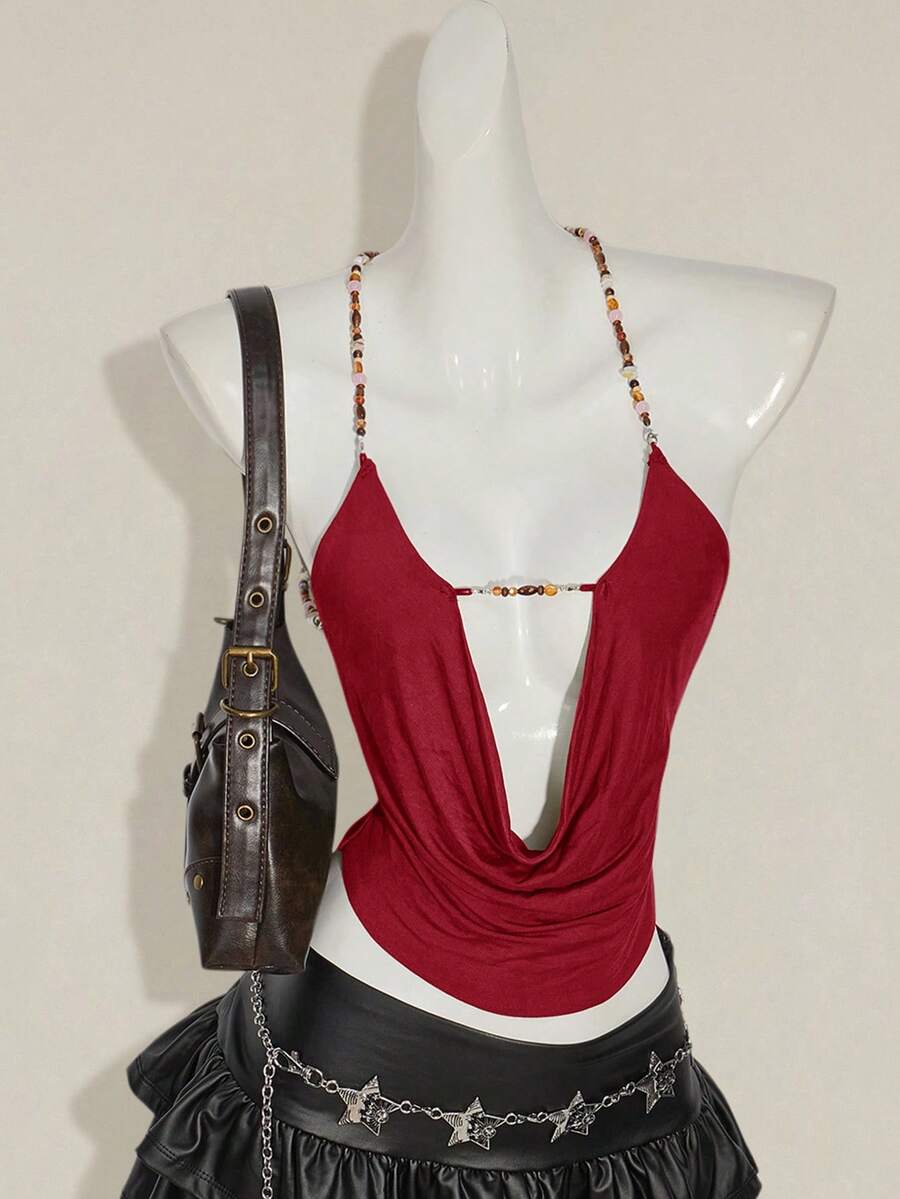 SHEIN ICON Women's Red Beaded Spaghetti Strap Backless Sexy Camisole - Burgundy - View 1