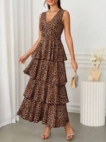 Ellevyn 女式 V 领收腰分层豹纹无袖蛋糕连衣裙，修身剪裁，优雅日常穿着，春夏秋 - 彩色 - 查看 2