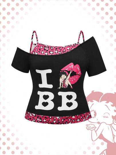 Betty Boop | ROMWE Plus Size Summer Casual Contrast Leopard Print Letter Graphic Asymmetric Shoulder T-Shirt
