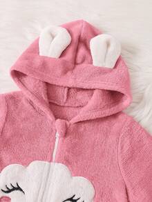 新生女婴可爱卡通云朵图案贴花连帽拉链法兰绒连体衣，秋冬 - 藕粉色 - 查看 3