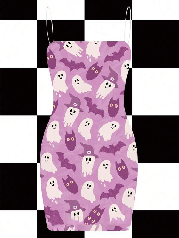 Y2Kool Maryam Alam Women's Y2K Fitted Purple Cartoon Halloween Dress Pumpkin Camisole Dress Kawaii Halloween Dress Graphic Dress Witch Dress Kawaii Dress