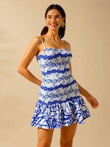 CAJUNI Women's Summer Fashionable Printed Frill Edge Camisole Short Dress - Green - View 3