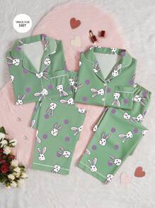 SHEIN 兔子印花泡泡皱女童睡衣套装，短袖衬衫和裤子 - 彩色 - 查看 6