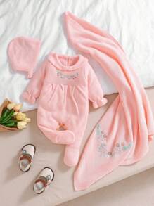 SHEIN Bộ trang phục sơ sinh 3 món cho bé gái: Bộ đồ liền thân thêu màu hồng, chăn đan, mũ - Màu Hồng baby - Xem 5