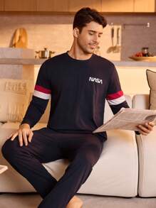 Bộ đồ ngủ họa tiết chữ tương phản dành cho nam/Bộ đồ ngủ, Quần áo mùa thu - Màu xanh hải quân - Xem 5