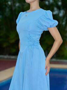 Andrea Bello 2025 Summer Wedding French Blue Regular Shoulder Puff Sleeve Ruched Waist Tie Side Fitted Elegant Romantic Vacation Dress