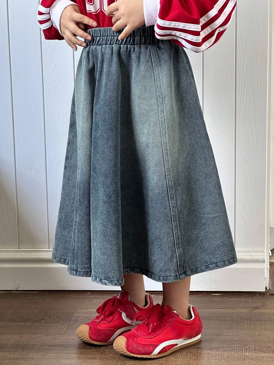 Dazy Kids 女童休闲时尚长款牛仔裙 - 中等水洗藍 - 查看 1