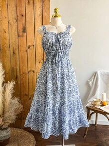 Comfortcana Vestido de talla grande de estilo casual de verano con lazo azul decorativo para vacaciones - Azul - Ver 4