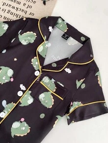 SHEIN 女童卡通恐龙仿丝短袖睡衣套装 - 黑色 - 查看 5