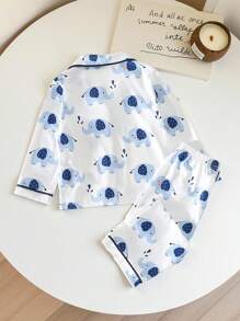 2 件套男婴睡衣套装，针织面料，大象印花，柔软舒适，长袖上衣，领口和袖口撞色，直筒裤，下摆撞色，可爱舒适的睡衣套装 - 藍色 - 查看 3