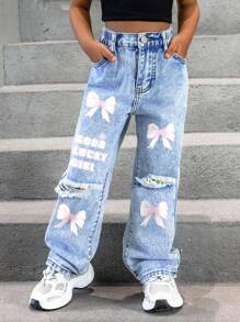 SHEIN Explorewe Young Girl New Y2K Style Denim Jeans   New Fashionable High-Quality Distressed Washed Denim Straight Leg Jeans - Light Wash - View 5