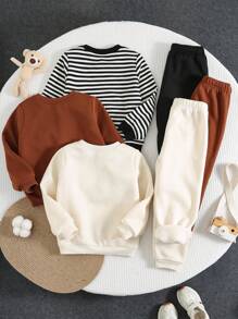 SHEIN 6件套男童休闲舒适百搭可爱圆领卫衣和运动裤套装，加厚保暖内衬运动服，秋冬季返校必备 - 彩色 - 查看 2