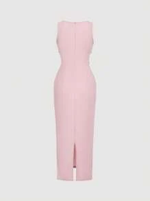 SHEIN MOD Women's Rhinestone Embellished Pink Straight Crew Neck Dress - Pink - View 2