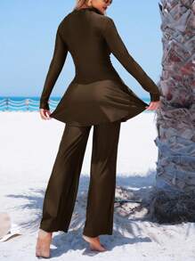 Swim Mulvari 2pcs Solid Color Loose Pants And A-Line Long Sleeve Dress Set, Conservative Full Coverage Modest Swimwear For Women For Summer Beach Vacation