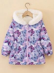 SHEIN Girls' Butterfly Print Fleece Collar Jacket, Waisted Slim Fit Casual Versatile Coat, Winter Girls Winter Coats Girls Butterfly Jacket Toddler Girl Winter Coat Kids Winter Jacket Baby Girl Winter Coat Fall - Purple - View 3