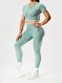 SHEIN Sports 2件套女士户外休闲短袖上衣和紧身裤运动套装健身套装 - 綠色 - 查看 5