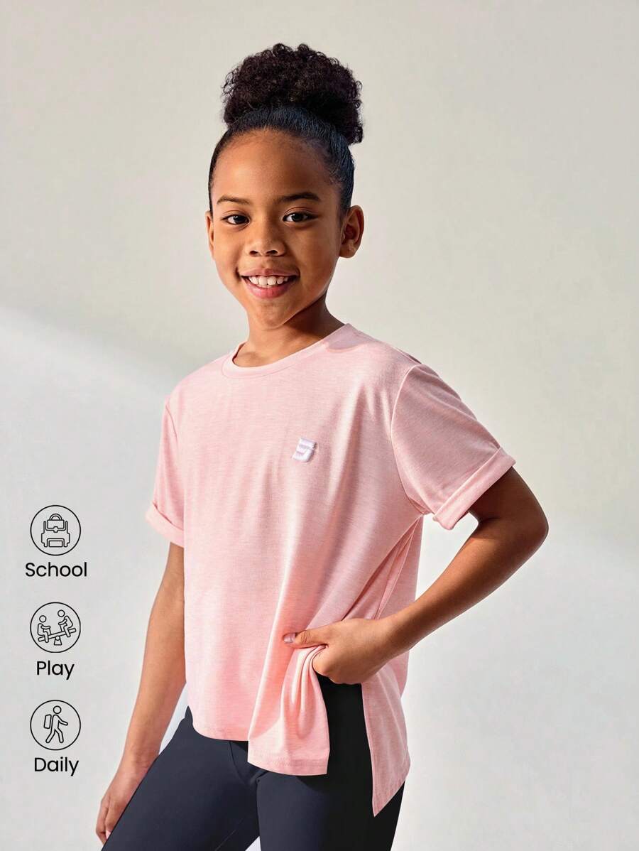 JNSQ 返校休闲户外运动T恤，儿童圆领不对称下摆开叉刺绣T恤 - 粉色 - 查看 1