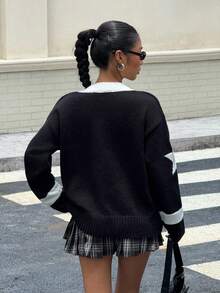 SHEIN 少女毛衣 少女拼色 V 领休闲宽松学院风图案套头毛衣 - 黑與白 - 查看 2