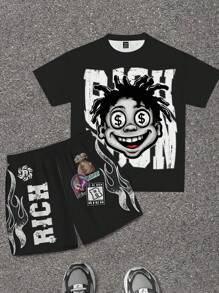 SHEIN 青少年男孩休闲时尚经典酷炫卡通人物，“Rich Soon”文字、火焰、钱包图案印花落肩短袖 T 恤和短裤套装，适合街头穿着 - 彩色 - 查看 1
