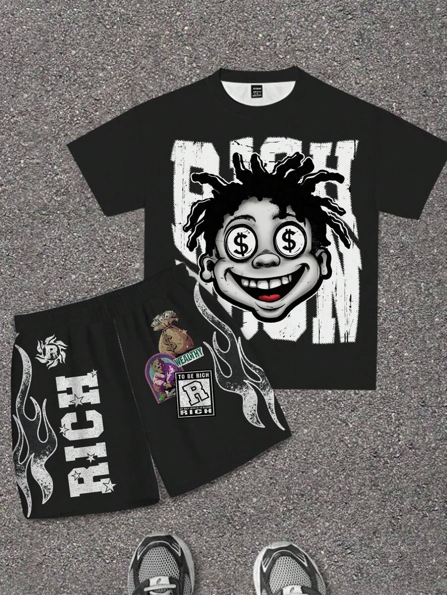 SHEIN 青少年男孩休闲时尚经典酷炫卡通人物，“Rich Soon”文字、火焰、钱包图案印花落肩短袖 T 恤和短裤套装，适合街头穿着 - 彩色 - 查看 1