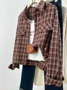 INAWLY 休闲格子长袖女式衬衫 - 棕色 - 查看 1