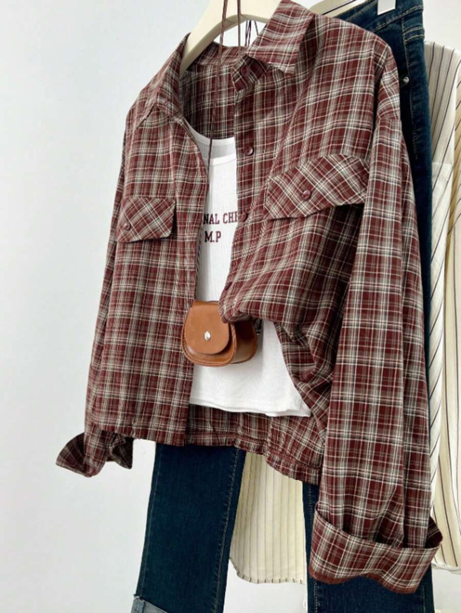 INAWLY 休闲格子长袖女式衬衫 - 棕色 - 查看 1