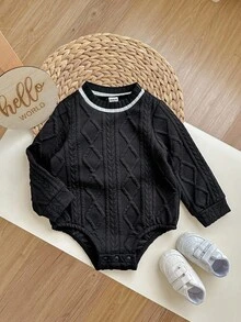 男婴/女婴可爱休闲百搭菱形格子拼接领长袖连体衣，白色，适合春、秋、冬；黑色男婴连体衣；黑色长袖连体衣；男婴麻花针织连体衣 - 黑色 - 查看 5
