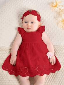 SHEIN Newborn Baby Girl Floral Trim Round Neck Ruffle Waist Dress - Red - View 4