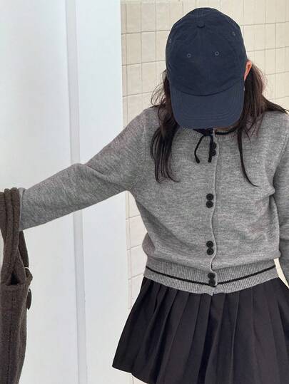 Dazy Kids 少女蝴蝶结装饰长袖单排扣休闲宽松开衫