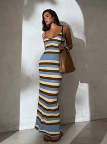 Aloruh Women's Spring/Summer New Knitted Dress, Crochet Dress With Criss-Cross Halter Neck And Open Back, Striped Bohemian Maxi Dress, Vacation Dress, Elegant Dress For Women - Multicolor - View 6