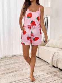 SHEIN 2pcs Maternity Strawberry Print Camisole Top And Adjustable Waist Shorts Casual Set