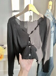 SHEIN EZwear Plus Lettuce Trim Button Front Tee - Black - View 1