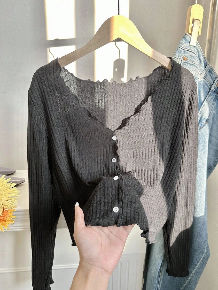 SHEIN EZwear Plus Lettuce Trim Button Front Tee - Black - View 1