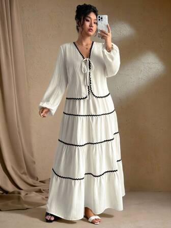 Roveilla Damen Große Größen Gestrickter texturierter Langarm Cardigan mit Schleife, zweiteilliges Set mit Farbblock Volant-Saum A-Linien-Rock, französisch elegant & romantisch