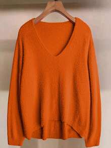 Linhara Halloween Plus Size Women Casual Everyday Commute Simple Solid V-Neck Dropped Shoulder Loose Pullover Sweater, Autumn Winter Fall - Orange - View 4