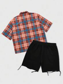 ROMWE MEN Street Life Summer Men's Plaid Rhinestone Embellished Shirt Paired With Black Washed Distressed Rhinestone Embellished Shorts Set