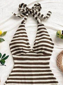 Soleia Women's Vacation Red & White Striped Knit Textured Deep V Neck Tie Front Jumpsuit, Slim Fit, Suitable For Party, Valentine's Day, Date, Layering, Christmas, Beach, Cruise, Festival, Easter, Boho Vacation Knitted Playsuit Beach Playsuit Vacation Outfit - Multicolor - View 4