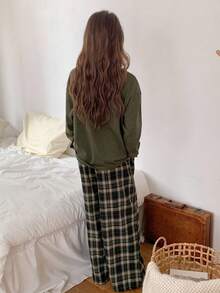 Hapijoa 青少年女孩圆领长袖宽松休闲上衣和裤子睡衣套装 - 軍綠色 - 查看 6