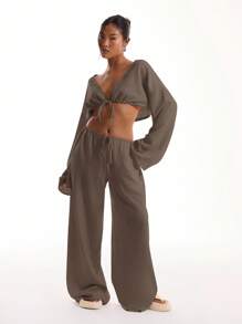 MUSERA 亚麻质感系带宽袖沙滩上衣，度假波西米亚风，性感优雅，适合伊比沙岛假日派对，优雅春夏装扮 - 深灰色 - 查看 4