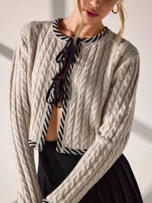 Women Tie Front Contrast Binding Cardigan,Long Cardigans Woman,Petite Cardigans,Cardigans - Cream - View 1