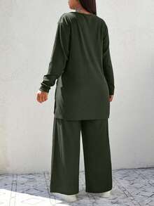 EURMUSE Plus Size Casual Solid Color Side Slit T-Shirt And Pants 2 Pieces Set - Army Green - View 2