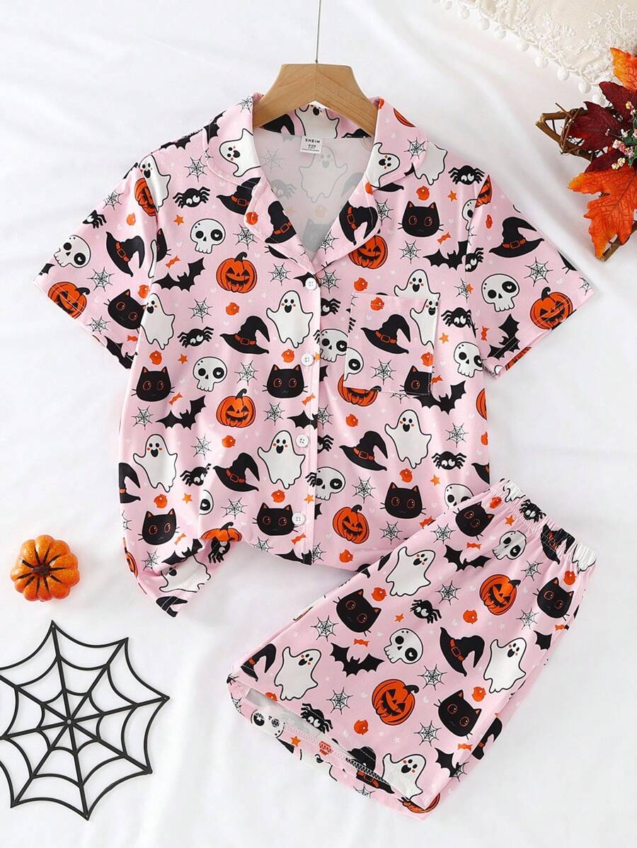 Set de pijama de 2 piezas con pantalón corto y estampado de calabaza y fantasma para niñas, retardante de llama - Multicolor - Ver 1