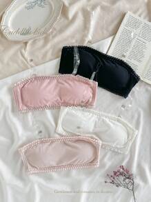 4件套女童轻薄衬垫文胸，弹性蕾丝装饰，罗纹面料时尚美观，无肩带设计防止走光，高弹面料穿着舒适，可拆卸透明肩带，百搭白色、粉色、杏色、黑色，适合青少年女孩。无肩带蕾丝文胸，抹胸文胸，性感内衣，可爱内衣套装，秋冬必备。