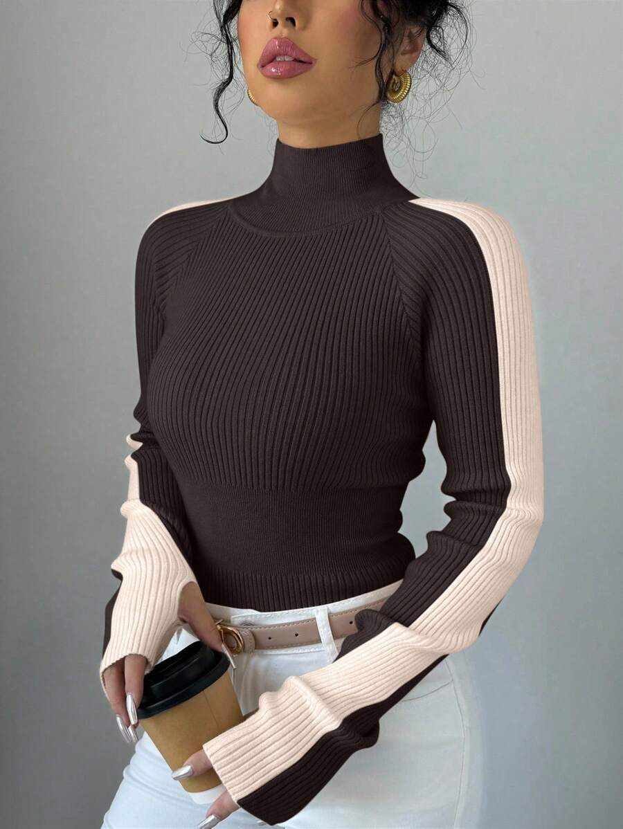 Selianne 撞色立领极简针织套头衫，秋冬款 - 咖啡棕 - 查看 1