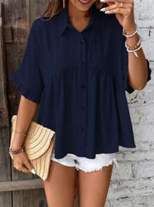 Breezaya 女士休闲宽松纯色百搭衬衫，舒适简约，适合夏季 - 藏蓝色 - 查看 3