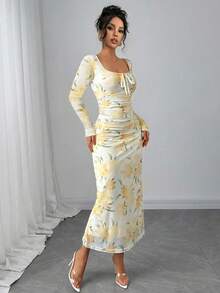 Elenzga Elegante drass aderente da donna con scollo quadrato, fiocco e arricciature, in rete con motivo a rose, charming e sexy per primavera/sopracciglie, la Festa di San Valentino