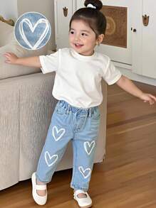 SHEIN 女婴牛仔裤，可爱休闲浅蓝色水洗白色心形印花弹力修身日常休闲女童牛仔裤，新款心形印花女童牛仔裤 - 淺色水洗藍 - 查看 8