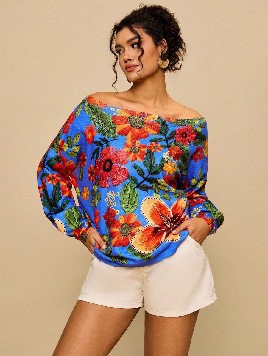 SHEIN VCAY Plus Size Casual Floral Print Off Shoulder Sweater Autumn Winter Clothes For Women - Multicolor - View 1
