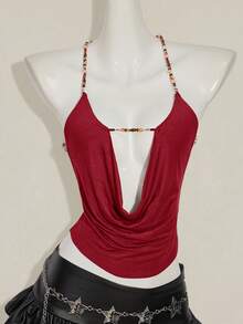 SHEIN ICON Women's Red Beaded Spaghetti Strap Backless Sexy Camisole - Burgundy - View 5