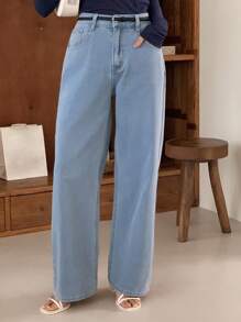 DAZY 浅色水洗蓝色直筒休闲牛仔裤，适合所有季节 - 淺色水洗藍 - 查看 3